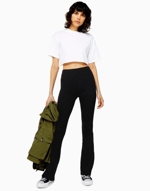 Topshop skinny rib flared trouser in black