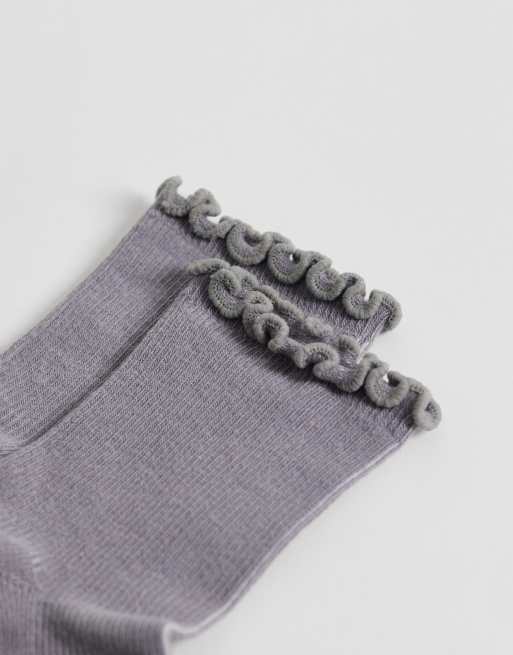 Topshop ribbed frill socks in grey, 2 of 3