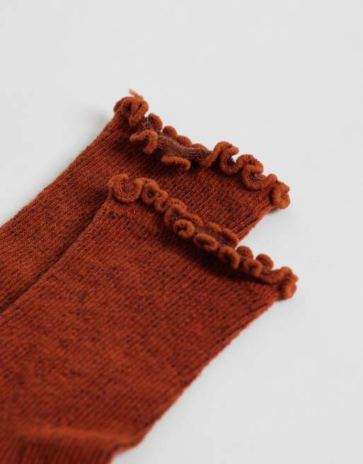 Topshop ribbed frill socks in rust, 2 of 3