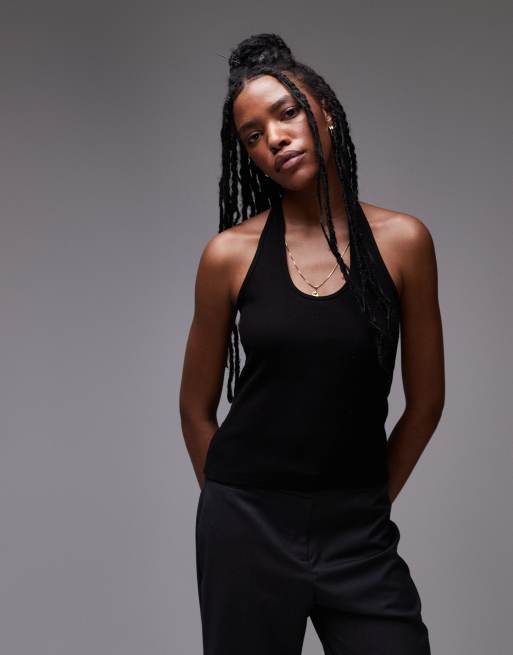 Topshop ribbed halter top in black