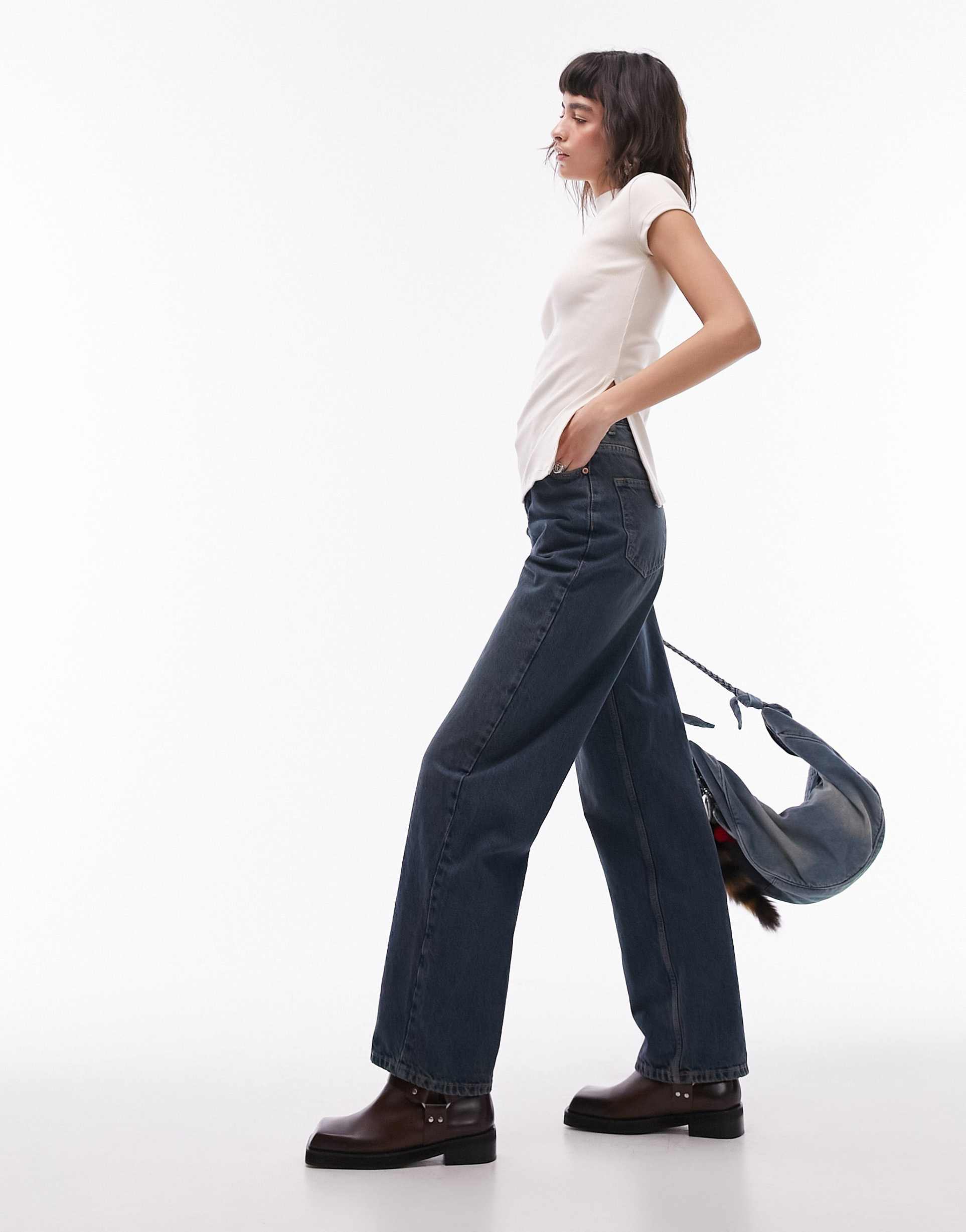 topshop ribbed high neck side split tee in stone