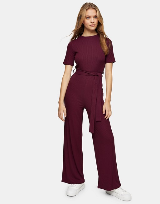 Topshop ribbed jumpsuit in plum
