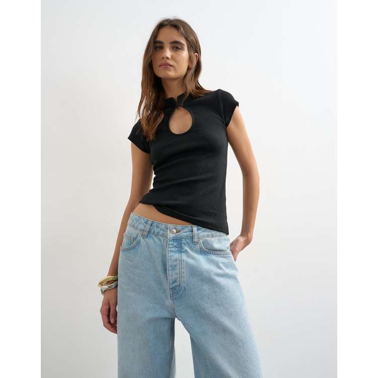 Topshop ribbed key hole top in black | ASOS