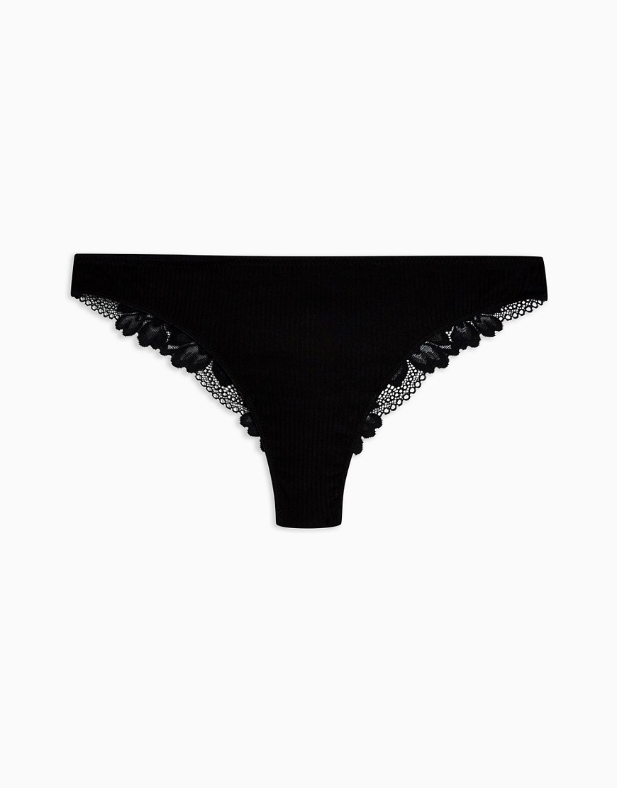 Topshop ribbed lace brazilian briefs in black