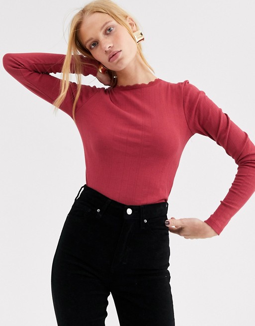 Topshop ribbed long sleeved top in raspberry