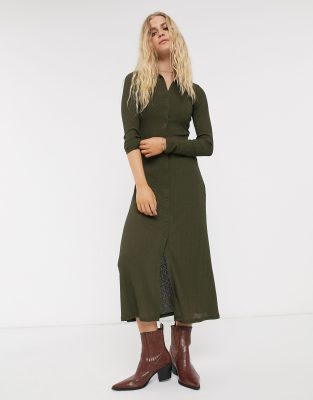 khaki ribbed midi dress