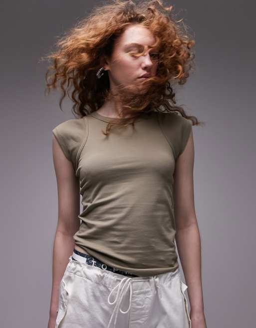 Topshop ribbed mixed tee in sage