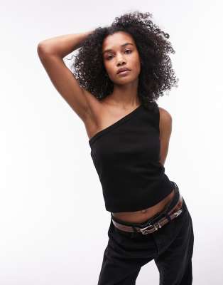ribbed one shoulder tank top in black