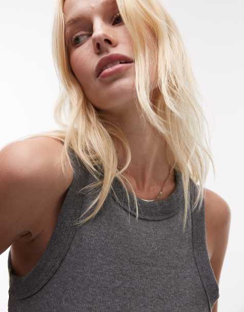 Topshop ribbed racer neck tank top in heathered charcoal - view 1