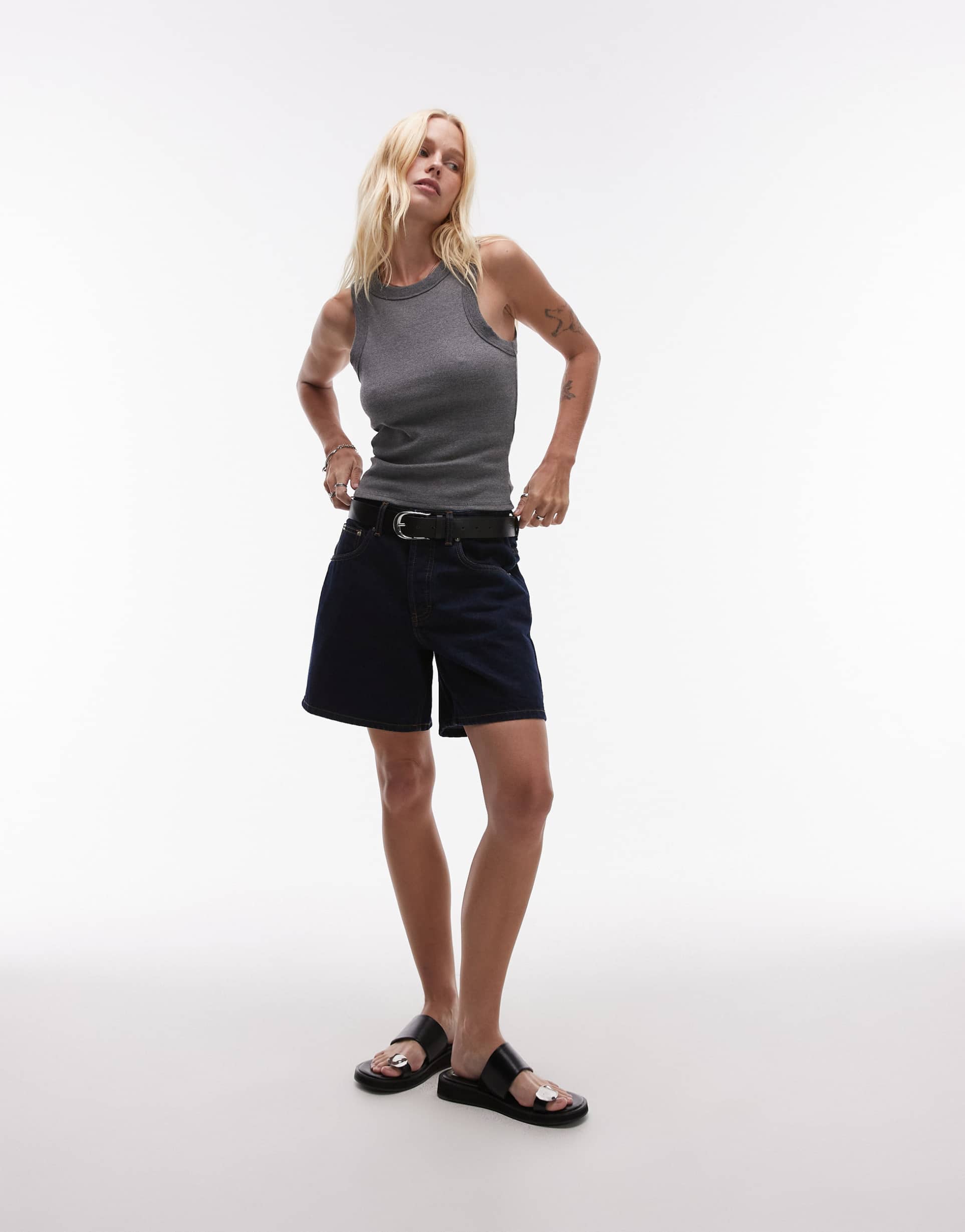 topshop ribbed racer neck tank top in heathered charcoal