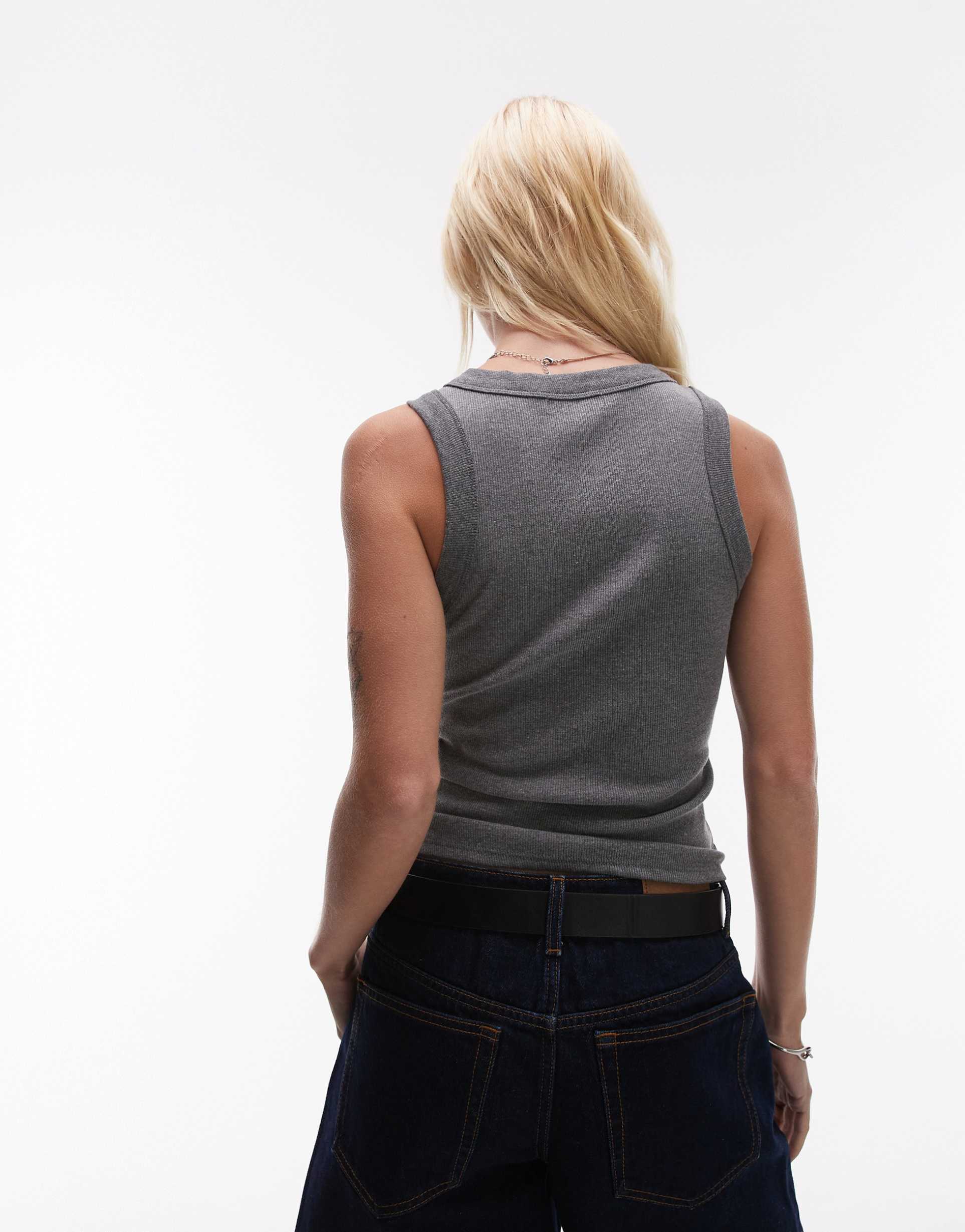 topshop ribbed racer neck tank top in heathered charcoal