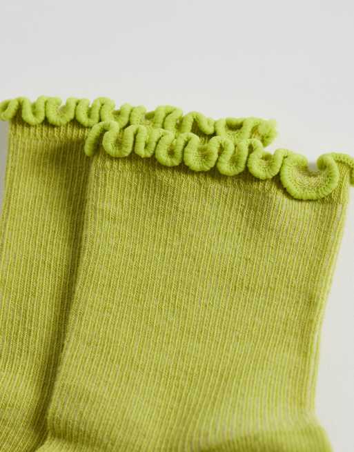 Topshop ribbed ruffle socks in lime, 3 of 3