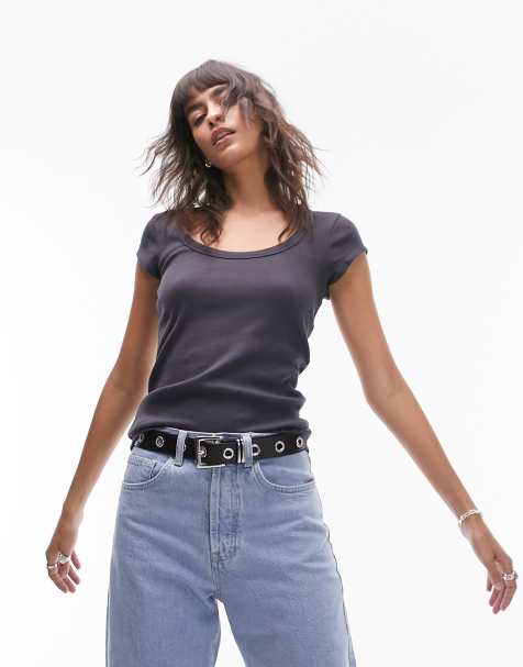 Topshop ribbed scoop neck cap sleeve tee in slate - view 1