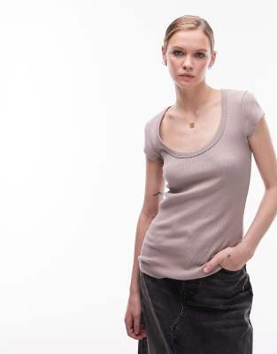 Topshop Ribbed Scoop Neck Cap Sleeve Top In Washed Rose-gray In Gray