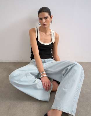 Topshop Ribbed Scoop Neck Tank Top In Black