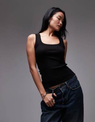 Topshop Ribbed Scoop Neck Tank Top In Black