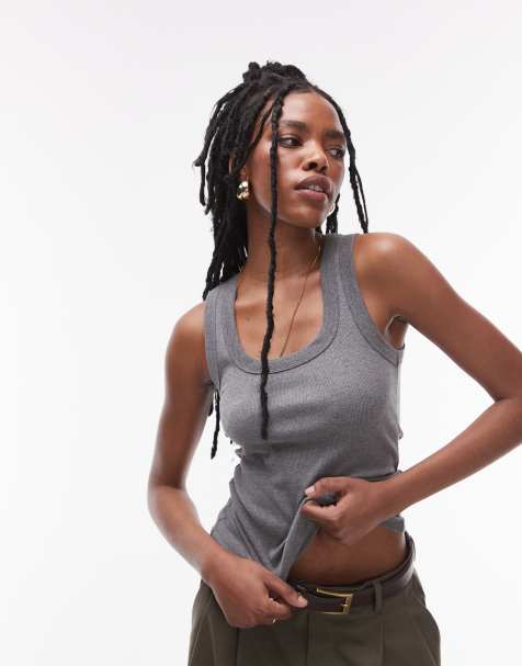 Topshop ribbed scoop neck tank top in dark gray heather - view 1
