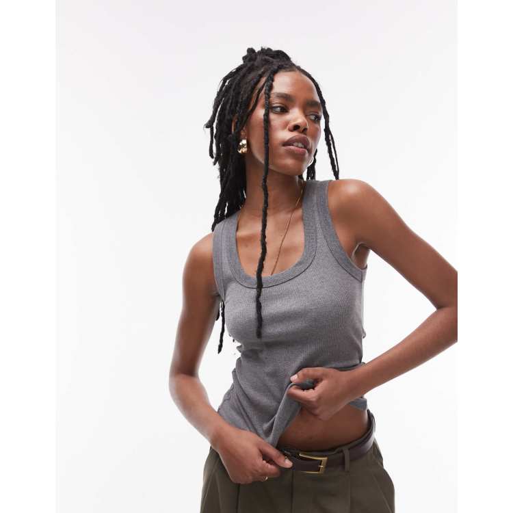 Topshop ribbed scoop neck tank top in dark gray heather | ASOS