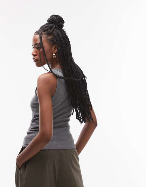 Topshop ribbed scoop neck tank top in dark gray heather