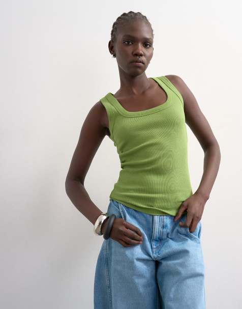 Topshop ribbed scoop neck tank top in green - view 1