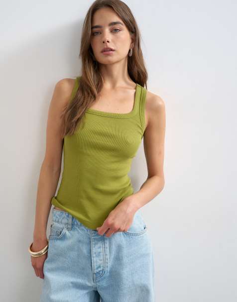 Topshop ribbed scoop neck tank top in green - view 1