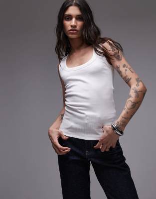 Topshop Ribbed Scoop Neck Tank Top In White