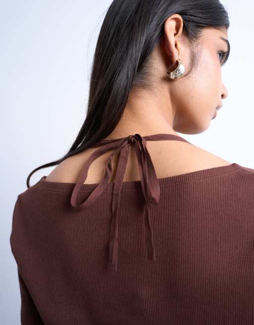 Topshop ribbed scoop tie neck long sleeve top in chocolate brown, 3 of 4