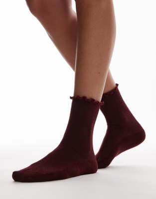 Topshop Ribbed Socks With Frill Edge In Burgundy-red