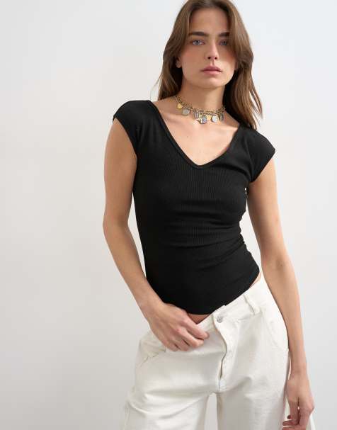 Topshop ribbed V-neck cap sleeve tank in black - view 1