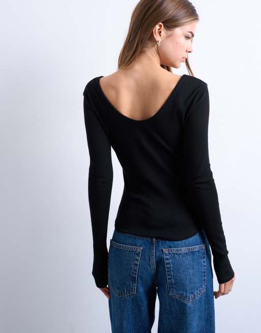 Topshop ribbed v-neck long sleeve curved hem top in black, 4 of 4