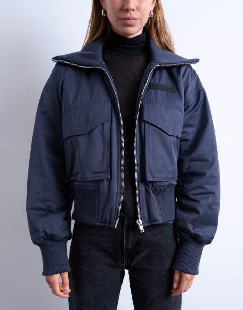 Topshop ribbed wide collar short bomber jacket in navy - view 1