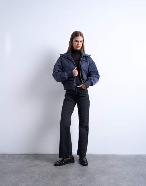 Topshop ribbed wide collar short bomber jacket in navy