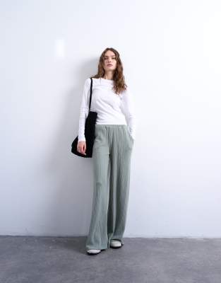 Topshop Ribbed Wide Leg Pants In Neutral