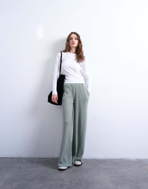 Topshop ribbed wide leg pants in beige