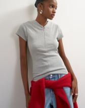 Topshop ribbed zip v short sleeve top in grey