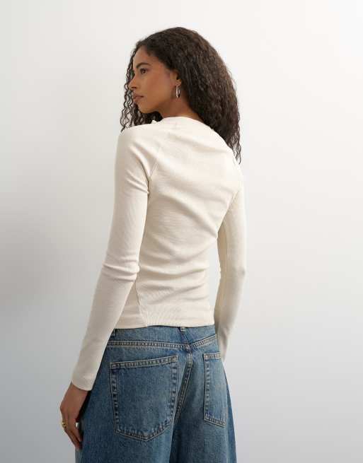 Topshop ribstrikket henley med knapper i beige, 2 af 4