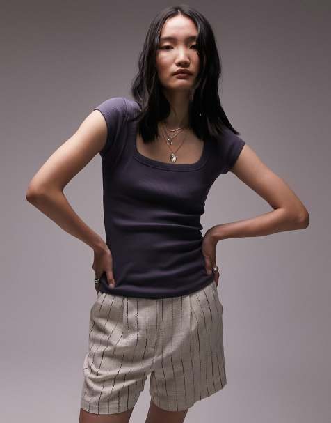 Topshop - Ribstrikket top med firkantet hals og vingeærmer i skifergrå - view 1