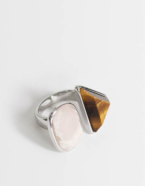 Topshop – Rico – Ring aus Edelstahl mit Halbedelsteinen in Rosa und Schokobraun - view 1