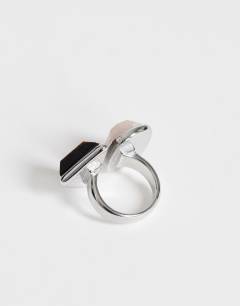 Model wearing Rico ring stainless steel with semi precious stone in pink and chocolate