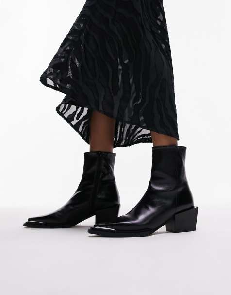 Topshop – Riley – Czarne skórzane botki kowbojki - view 1