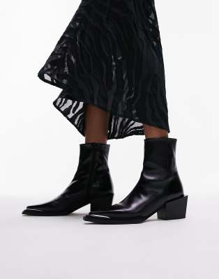 Topshop Riley Leather Western Boot In Black