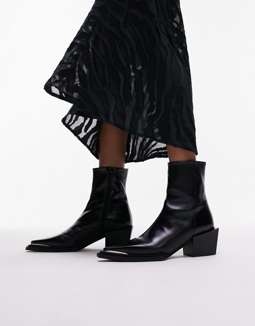 Topshop Riley leather western boot in black | ASOS