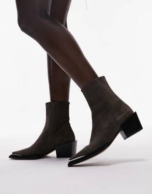 Topshop Riley Suede Western Boots In Mushroom-gray