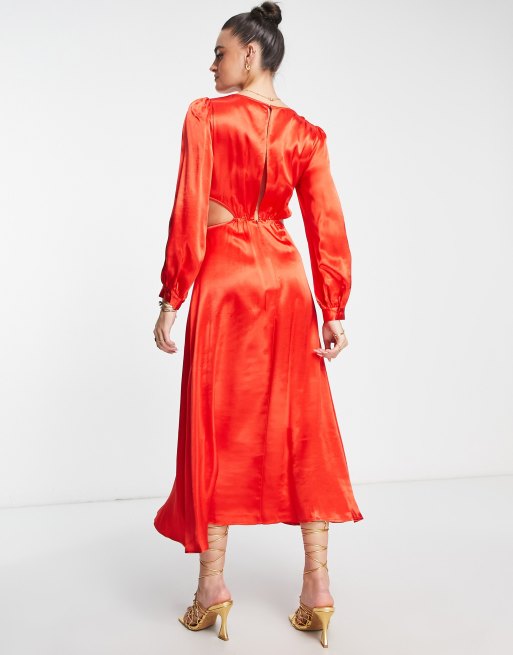 Topshop Ring Detail Cut Out Long Sleeve Midi Dress In Red Asos