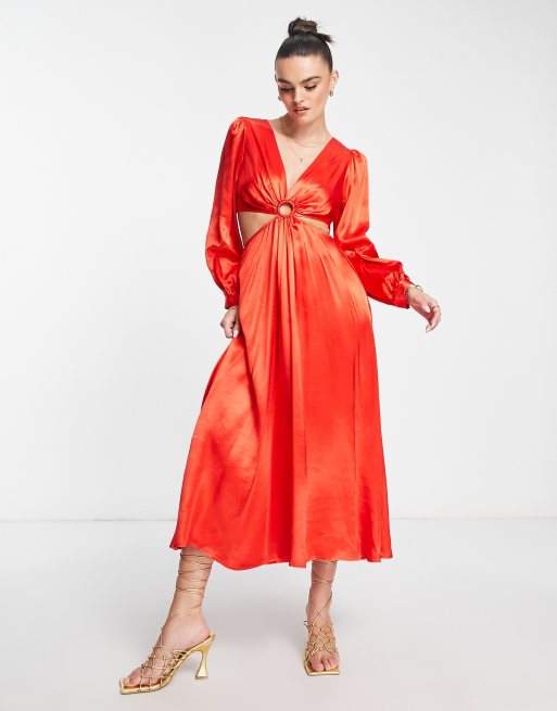 Topshop Ring Detail Cut Out Long Sleeve Midi Dress In Red Asos