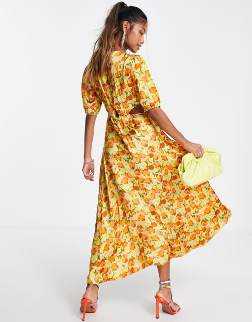 Topshop Ring Detail Cut Out Satin Balloon Sleeve Floral Midi Dress In Orange Asos