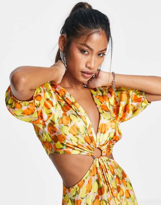 Topshop Ring Detail Cut Out Satin Balloon Sleeve Floral Midi Dress In Orange Asos