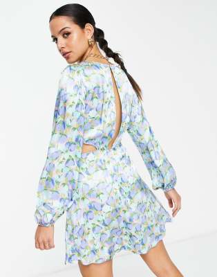 Topshop Ring Detail Cut Out Satin Balloon Sleeve Floral Mini Dress In Blue Asos