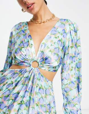 Topshop Ring Detail Cut Out Satin Balloon Sleeve Floral Mini Dress In Blue Asos