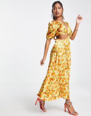 Topshop Ring Detail Cut Out Satin Balloon Sleeve Floral Mini Dress In Orange Asos